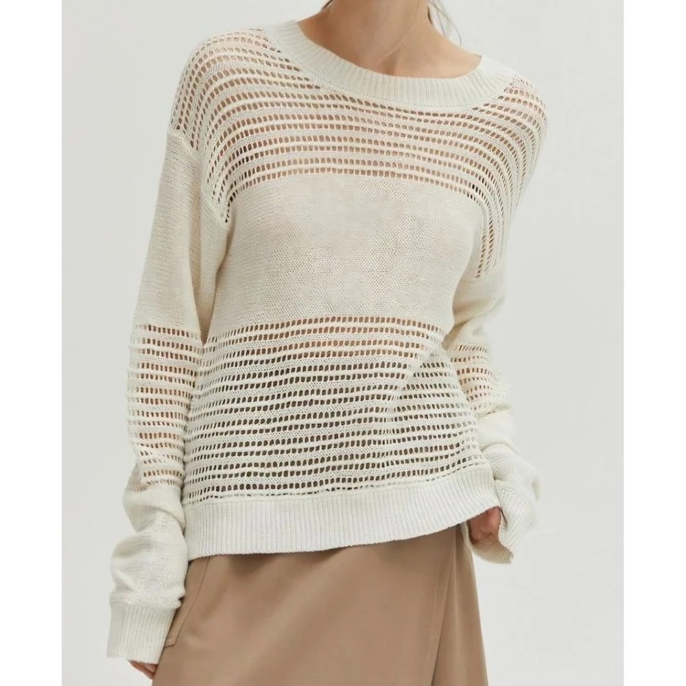 New! Crescent Linen Sweater M Cream Open Knit Angelcore Earthcore Coastal Bridal